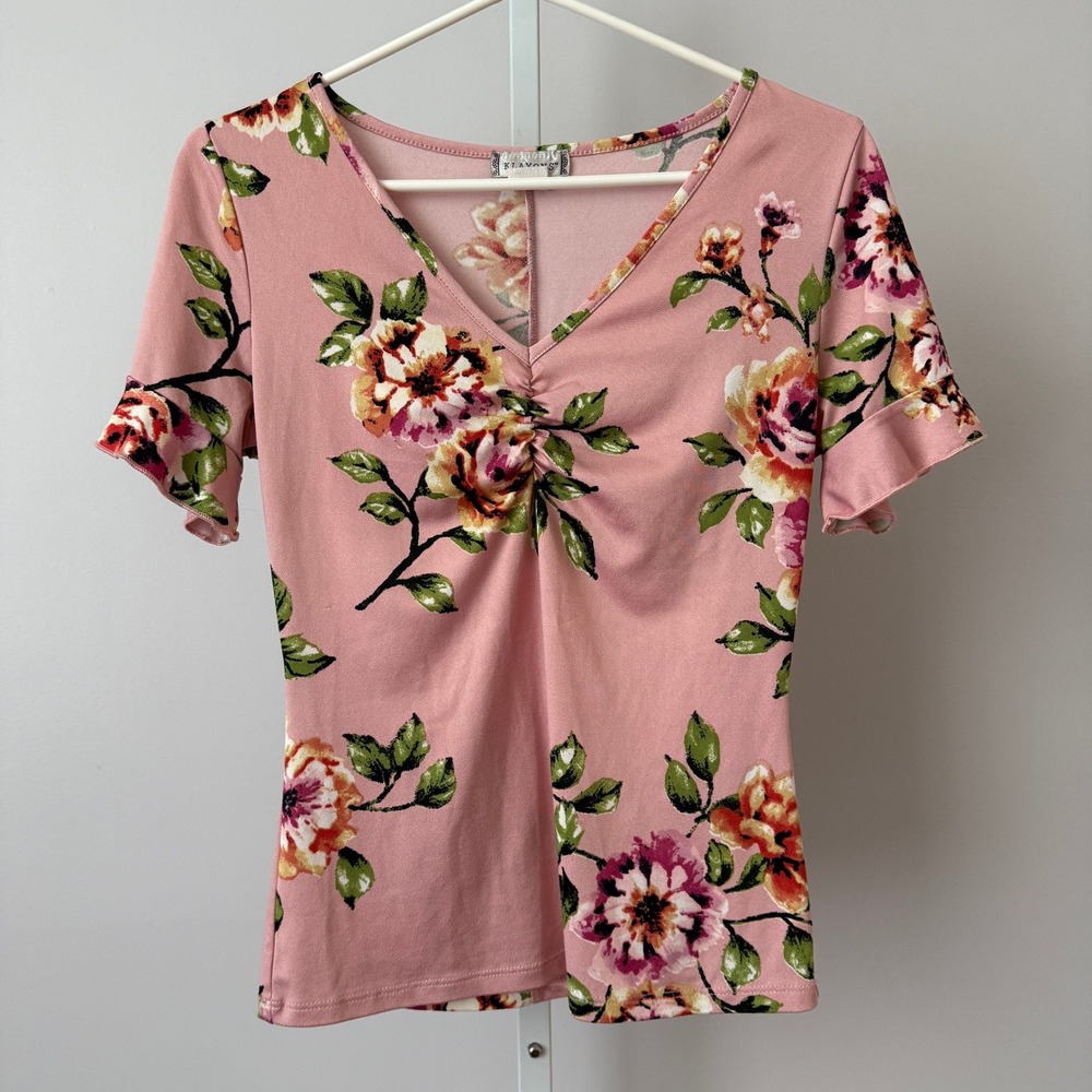 Y2K‎ Klaxons L Pink Floral Top Ruched 90s Fairy Blouse Cottagecore Summer